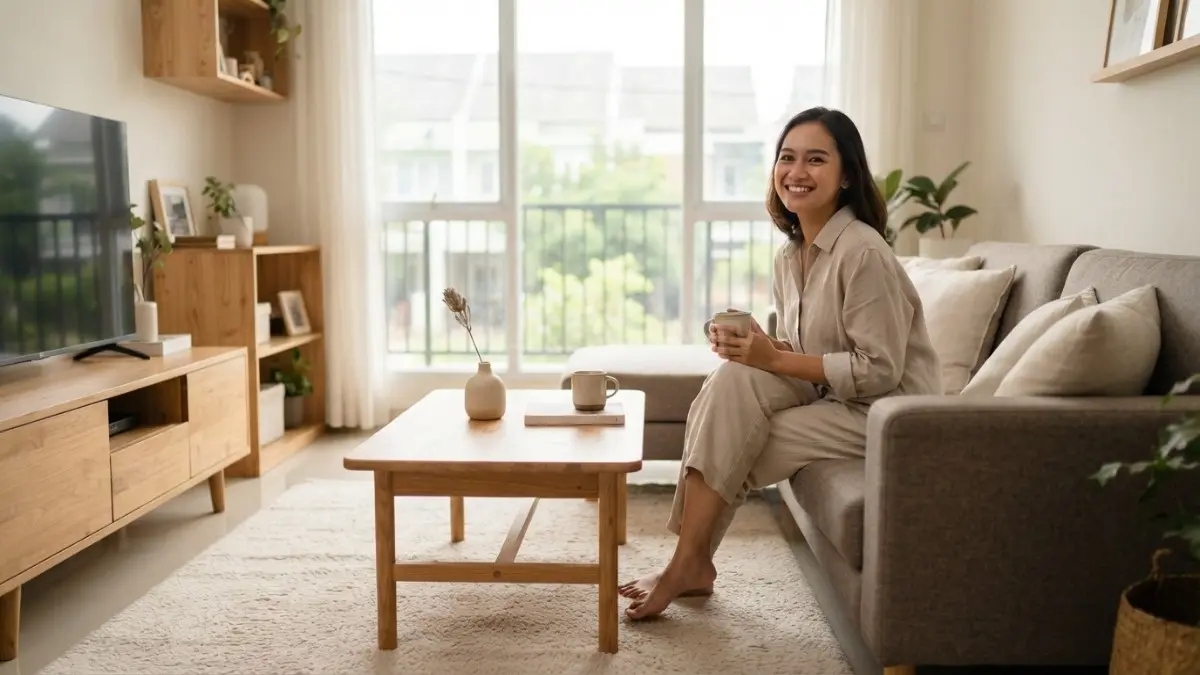 Furnitur kayu sederhana berpadu tekstur lembut menciptakan ruang Korea modern yang hangat, rapi, dan nyaman. (BTV/AI)