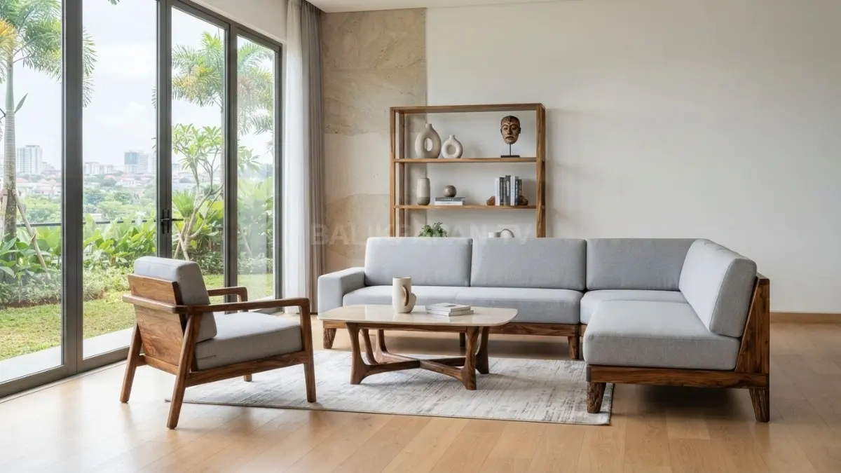 Furnitur modern dengan kaki dan bingkai kayu ulin menghadirkan sentuhan tradisional dalam ruang bersih modern. (BTV/AI)