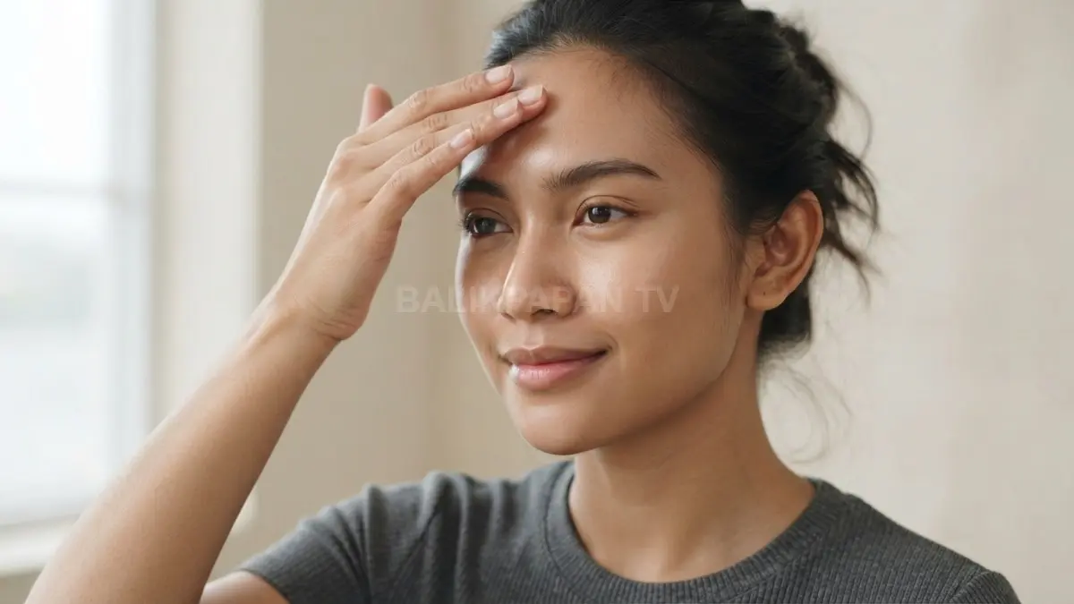 Gerakan pijatan lembut dari atas alis menuju pelipis untuk merilekskan otot wajah dan melancarkan sirkulasi. (BTV/Ai)