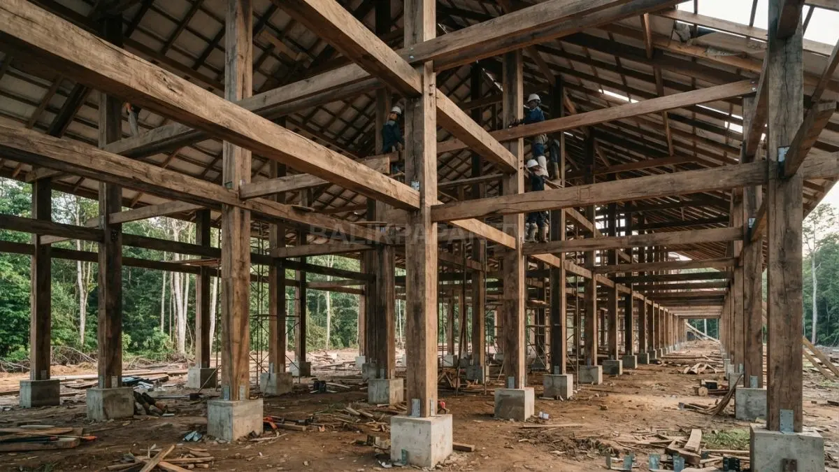 Grid tiang dan balok berulang membentuk rangka struktur Rumah Betang yang stabil untuk bentang 12×32. (BTV/AI)