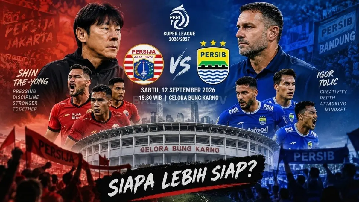 Ilustrasi strategi Shin Tae-yong dan Igor Tolic dalam duel Persija vs Persib yang berlangsung 12 September 2026. (BTV/AI)
