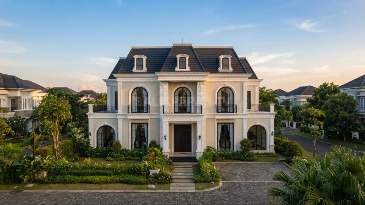 Inspirasi French Neoclassical menghadirkan fasad simetris, mansard gelap, molding klasik, dan sentuhan monokrom modern elegan. (BTV/AI)