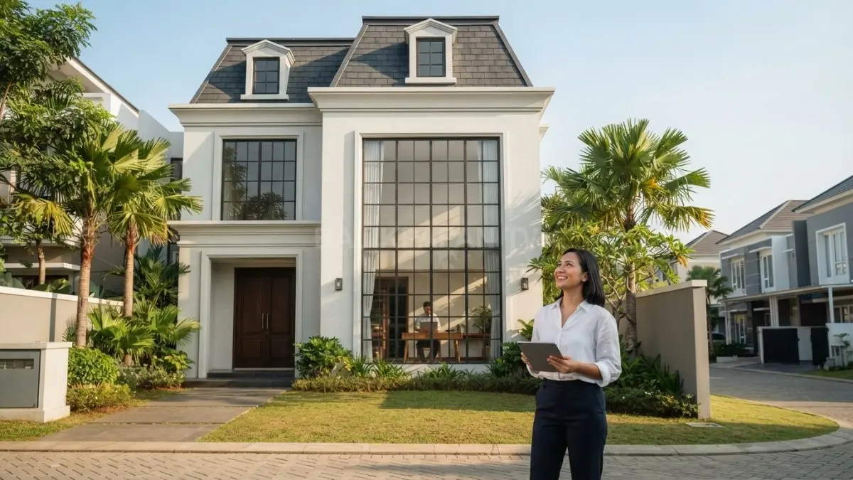 Inspirasi Modern French Provincial menampilkan mansard, dormer, fasad simetris, jendela besar, dan dinding putih elegan. (BTV/AI)