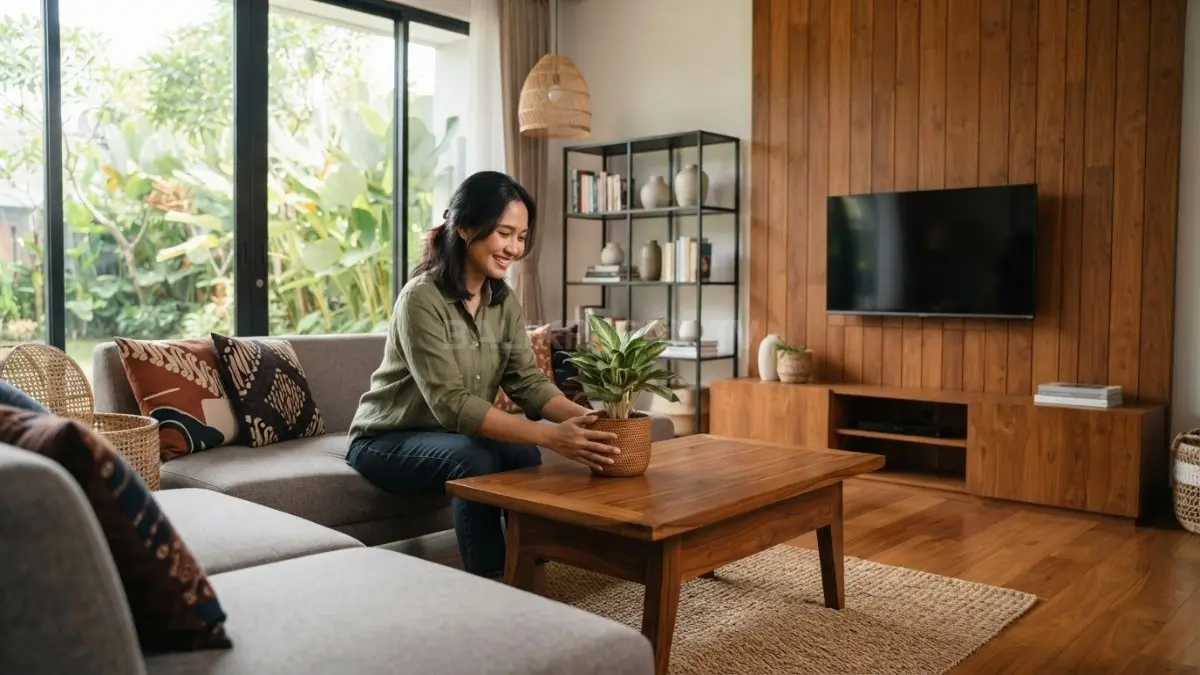 Inspirasi ruang tradisional Indonesia dengan dominasi kayu menciptakan suasana hangat, alami, dan berkarakter Nusantara. (BTV/AI)