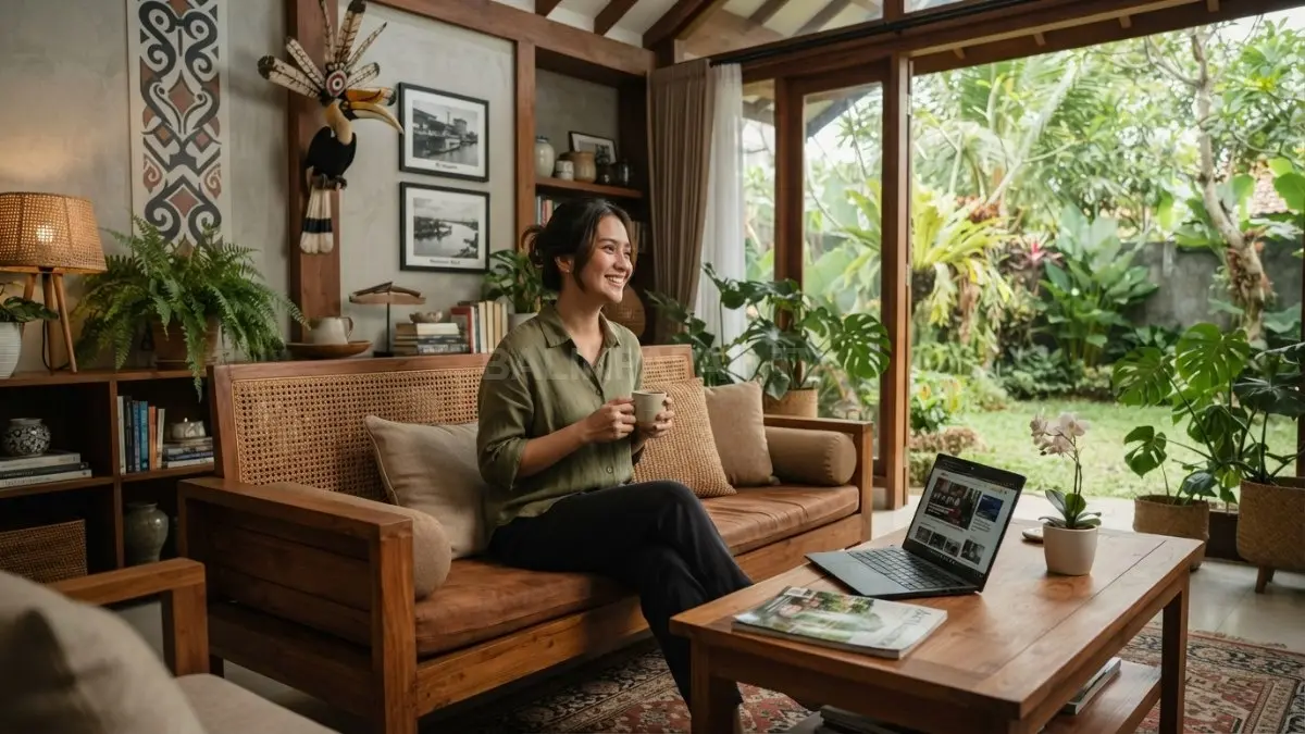 Inspirasi Rumah Lamin menghadirkan nuansa Nusantara melalui kayu, ornamen lokal, dan tata ruang hangat yang modern (BTV/AI)