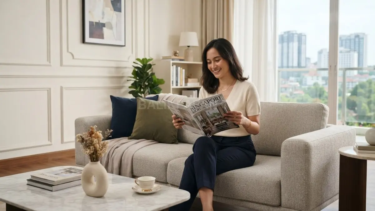 Inspirasi rumah modern classic bergaya Singapura dengan warna netral, panel elegan, furnitur proporsional, dan material alami. (BTV/AI)