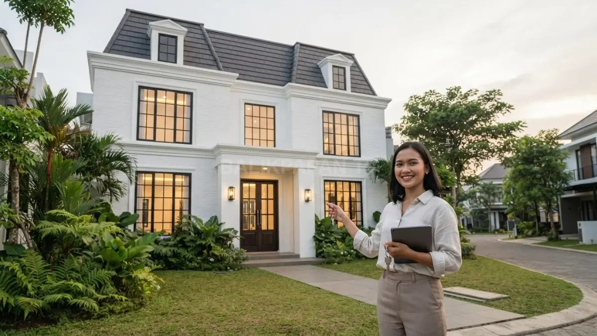 Inspirasi rumah Modern French Provincial dengan mansard, dormer, fasad simetris, dinding putih, dan jendela besar elegan (BTV/AI)