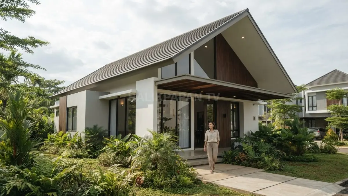 Inspirasi rumah modern tropis dengan atap lebar, bukaan besar, ventilasi alami, dan aksen kayu yang fungsional (BTV/AI)
