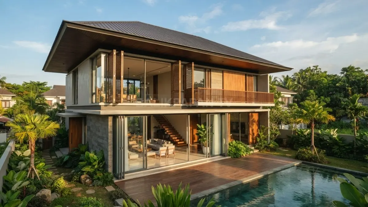 Inspirasi rumah modern tropis dengan atap lebar, bukaan besar, ventilasi silang, kayu, dan bentuk geometris yang fungsional. (BTV/AI)