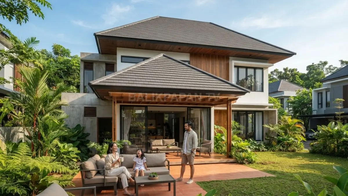 Inspirasi rumah modern tropis dengan atap limasan, fasad geometris, teras teduh, dan aksen kayu hangat (BTV/AI)