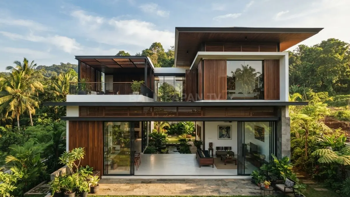 Inspirasi rumah modern tropis dengan bentuk geometris tegas, kaca besar, dan ruang hijau penyeimbang (BTV/AI)