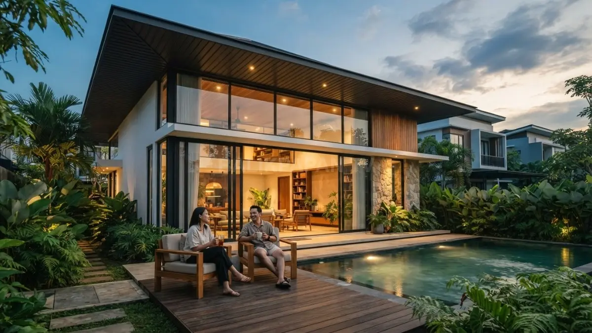 Inspirasi rumah modern tropis menampilkan atap lebar, bukaan besar, ventilasi silang, kayu, dan bentuk geometris. (BTV/AI)