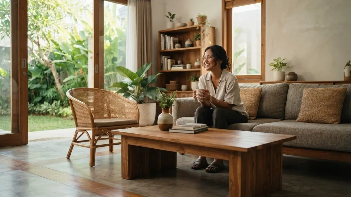 Interior rumah bernuansa tradisional Indonesia memadukan kayu, anyaman, dan ornamen lokal secara hangat (BTV/AI)