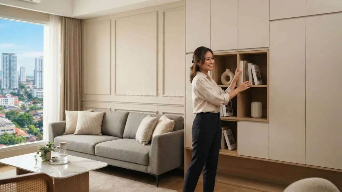 Kabinet tertutup dan rak terpilih menjaga rumah modern classic tetap rapi, elegan, dan fungsional (BTV/AI)