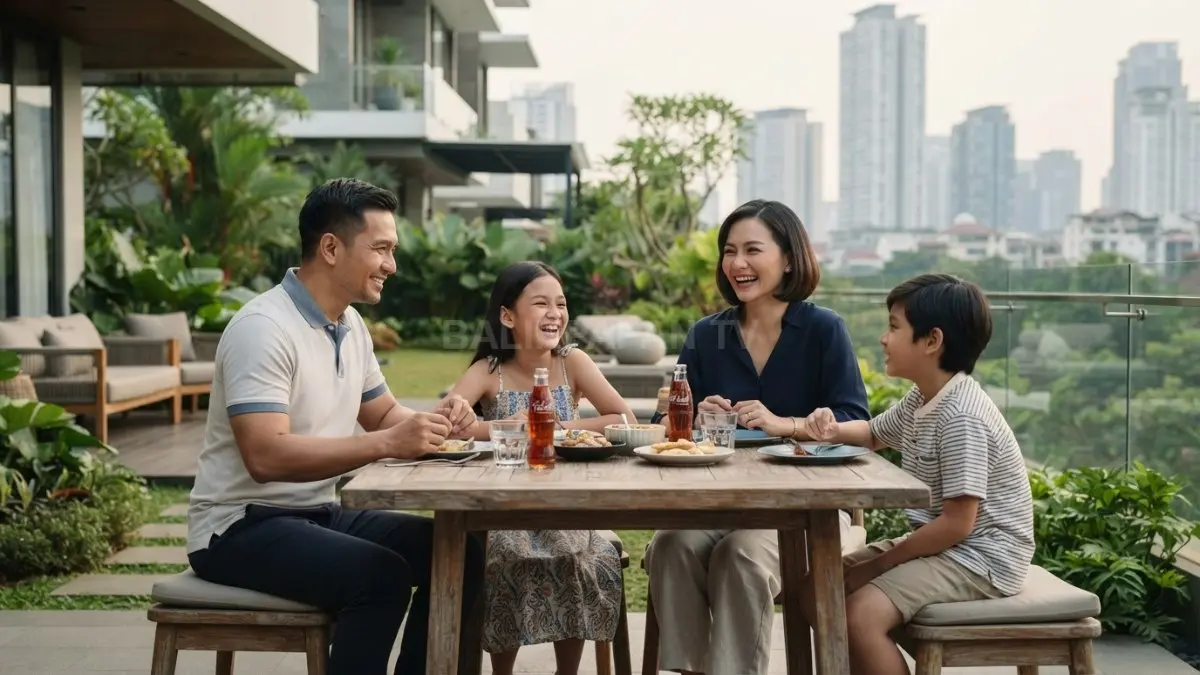 Keluarga tampil kompak dalam pakaian bernuansa senada dengan model berbeda saat berkumpul bersama (BTV/AI)
