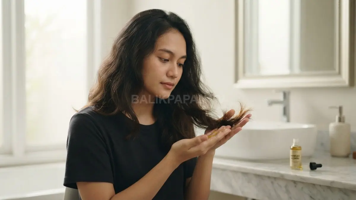 Minyak kemiri digunakan sedikit pada ujung rambut kering untuk membantu tampilan rambut lebih rapi dan teratur. (BTV/AI)