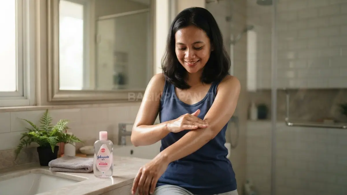Orang dewasa mengoleskan baby oil pada kulit tubuh yang masih lembap setelah mandi untuk mengunci kelembapan kulit. (BTV/AI)
