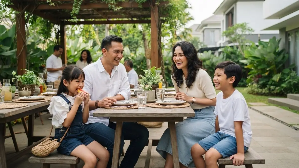 Paduan denim dan putih menjadi pilihan santai untuk kumpul keluarga yang tetap terlihat rapi (BTV/AI).
