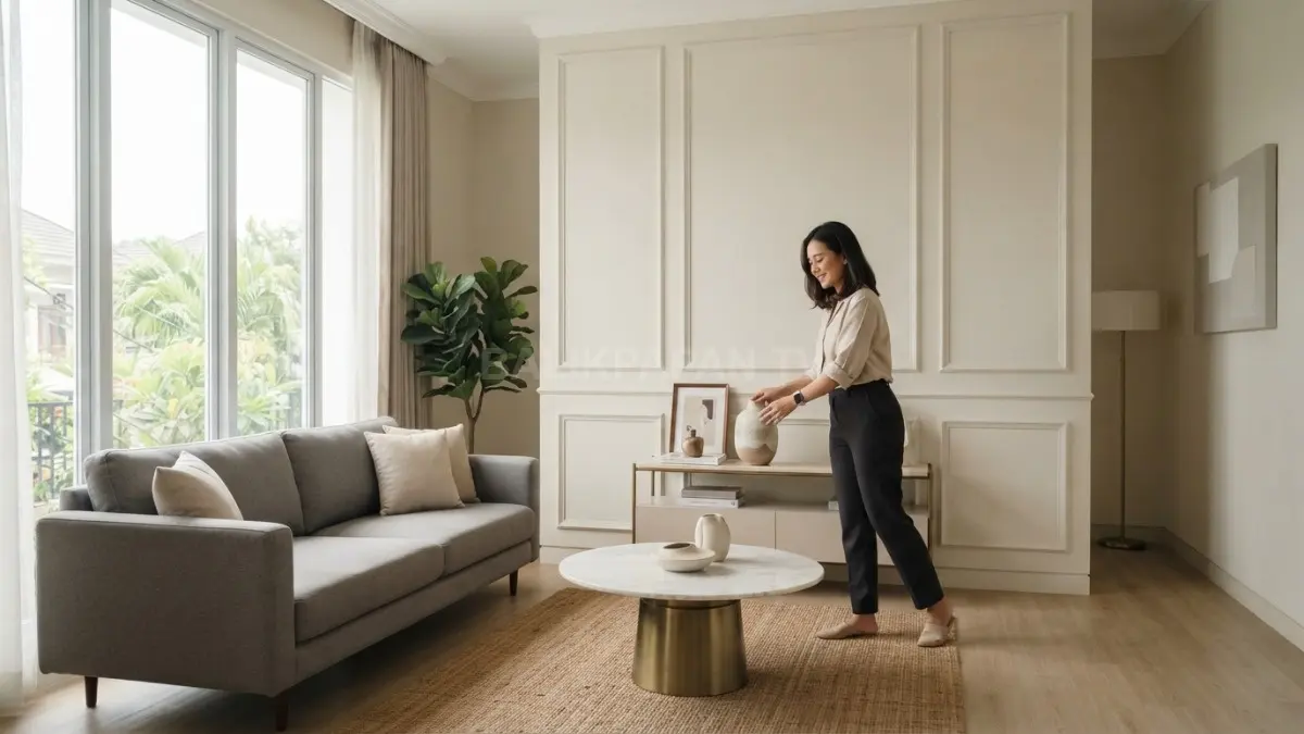 Panel dinding elegan menjadi aksen utama untuk memperkuat karakter interior modern classic yang rapi dan proporsional. (BTV/AI)