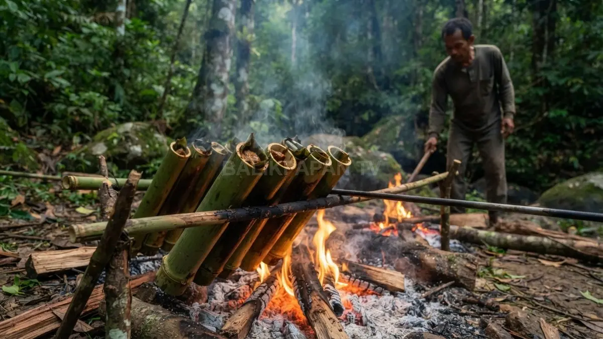 Pansoh Dayak dimasak dalam bambu di atas api, menghadirkan cita rasa khas dan tradisi kebersamaan. (BTV/AI)