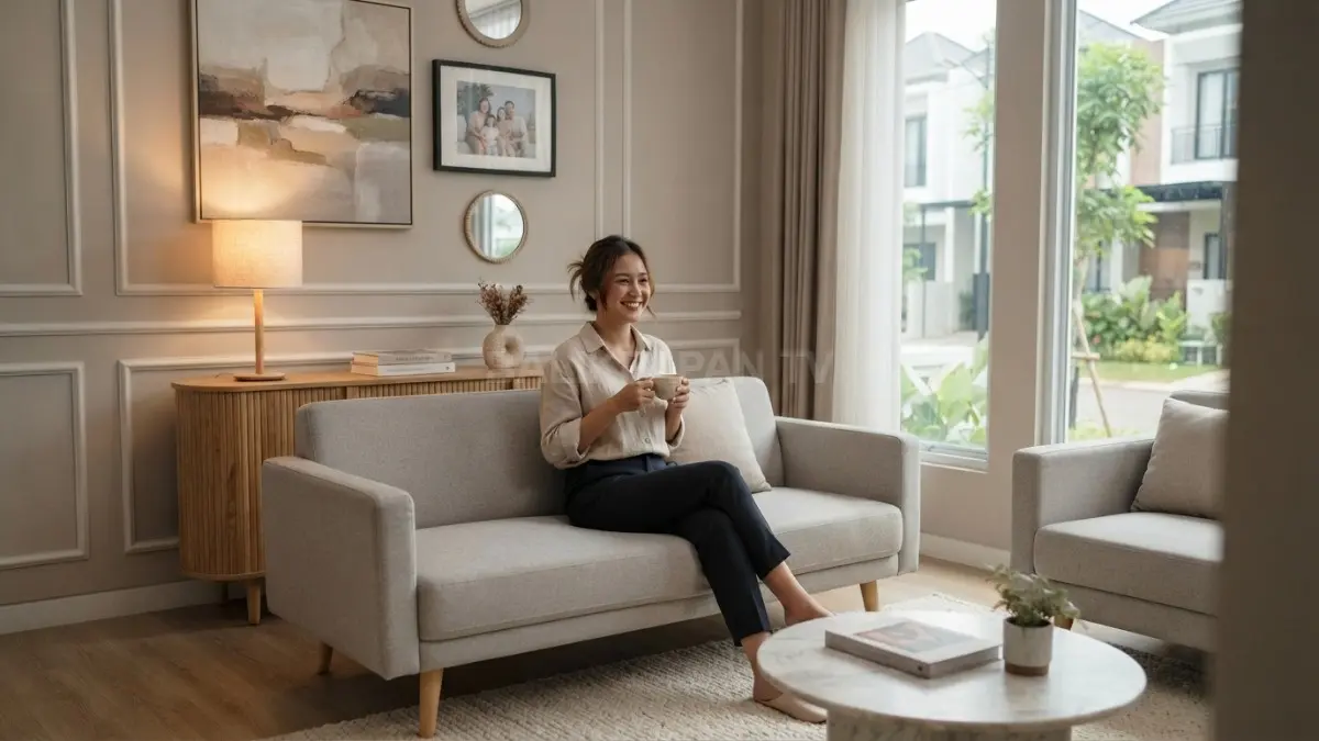 Pencahayaan berlapis dan dekorasi personal menciptakan suasana rumah modern classic yang hangat, elegan, serta nyaman. (BTV/AI)