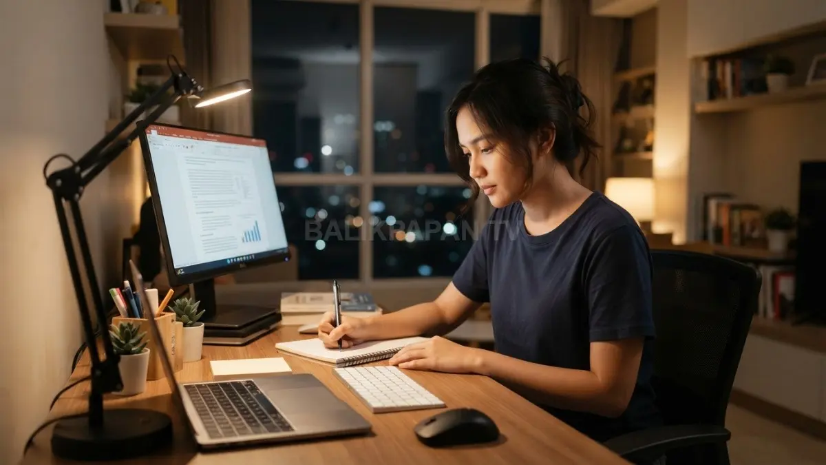 Pencahayaan terarah membuat ruang belajar sempit nyaman, fokus, minim silau, sekaligus menghemat permukaan meja (BTV/AI)
