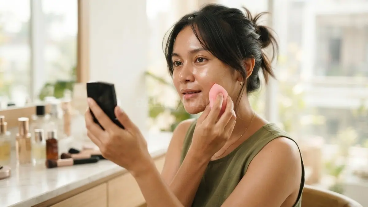 Perempuan dewasa mengaplikasikan foundation tipis dengan sponge, menampilkan makeup natural, ringan, rapi dalam cuaca lembap (BTV/Ai)
