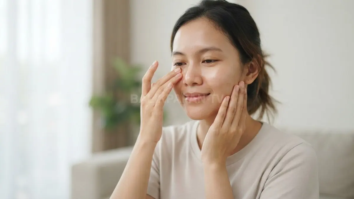 Pijatan lembut pada area pipi dan bawah mata untuk merawat kesehatan kulit wajah secara alami. (BTV/Ai)