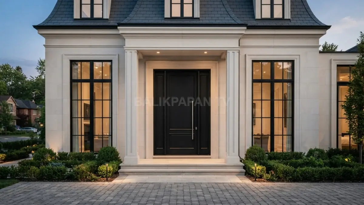 Pintu utama monumental dengan molding sederhana memperkuat fasad simetris French Neoclassical yang elegan dan modern (BTV/AI)
