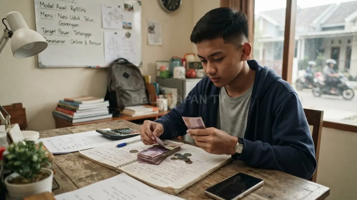 Remaja menghitung modal Rp50 ribu sambil menyiapkan ide usaha kecil sederhana yang bisa dimulai dari rumah. (BTV/AI)
