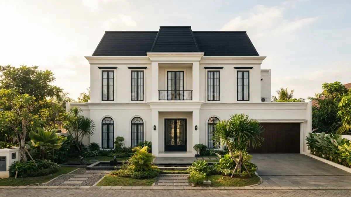 Rumah French Neoclassical dengan mansard gelap, fasad simetris, dan detail klasik elegan berpadu nuansa modern. (BTV/AI)