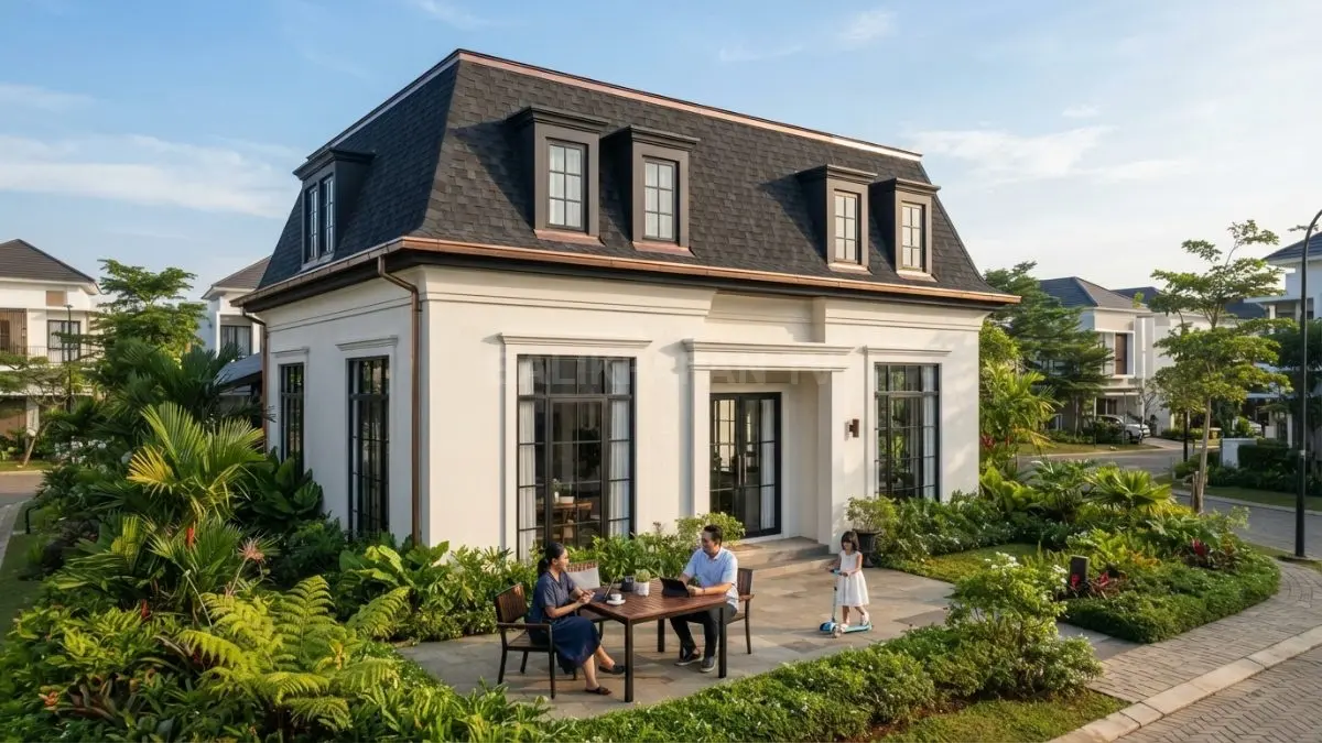 Rumah Modern French Provincial elegan dengan atap mansard, fasad simetris, dan jendela besar. (BTV/AI)