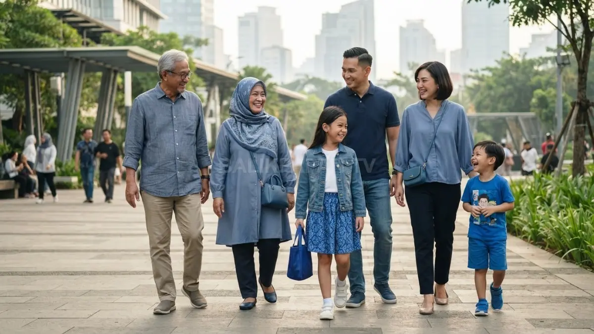 Satu warna utama membuat keluarga kompak, sementara setiap anggota bebas memilih gaya pakaian masing-masing. (BTV/AI)

