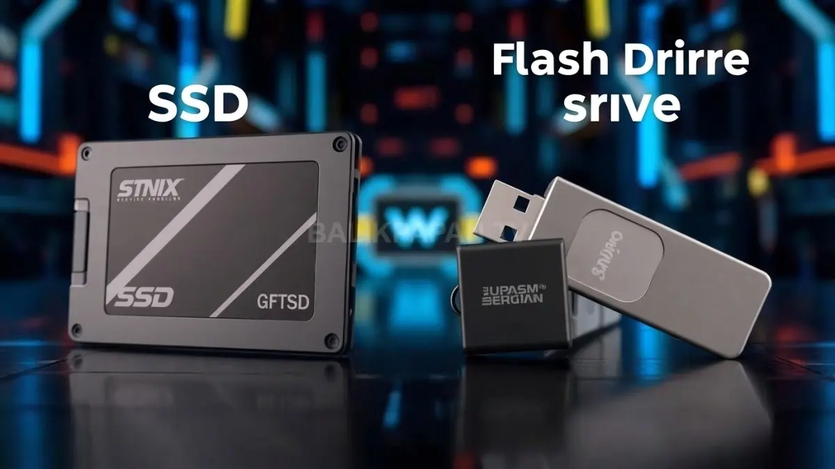 SSD eksternal dan flashdisk berdampingan, memperlihatkan perbedaan perangkat penyimpanan data untuk kebutuhan pengguna sehari-hari (BTV/AI)