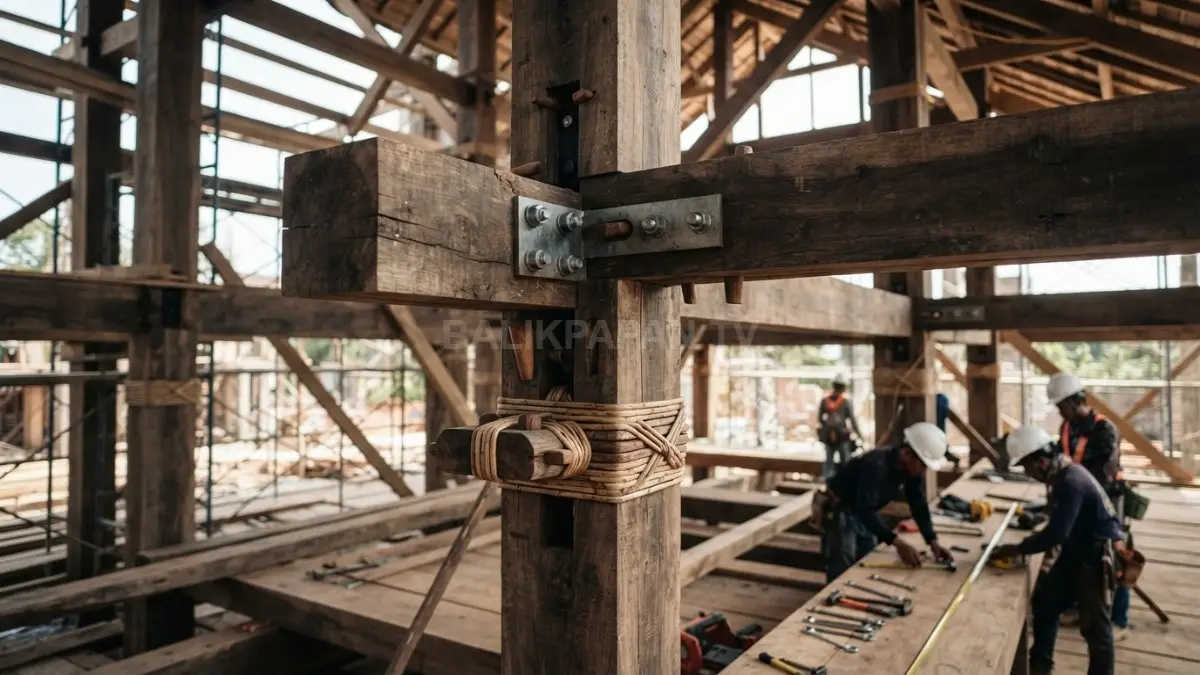 Struktur dan sambungan kayu menjaga kestabilan Rumah Betang melalui penyaluran gaya yang kuat dan terintegrasi. (BTV/AI)