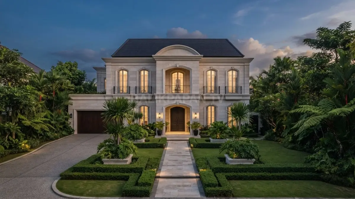 Taman formal berpadu tanaman tropis menciptakan fasad French Neoclassical simetris, elegan, dan selaras dengan iklim Indonesia. (BTV/AI)