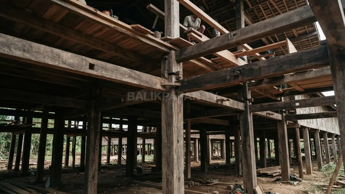 Tiang dan balok Rumah Betang mendistribusikan beban secara berulang untuk menjaga kestabilan struktur jangka panjang. (BTV/AI)