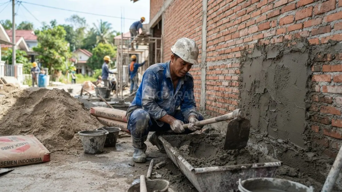 Tukang mengaduk semen dan pasir 1:6 untuk plesteran dinding luar rumah dengan perhatian kualitas adukan. (BTV/AI)