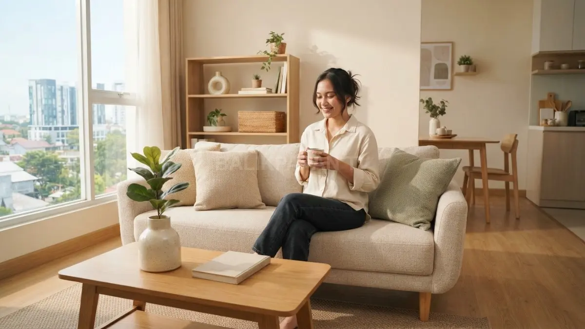Vas keramik, kain linen, dan tanaman hijau menghadirkan aksen hangat pada interior Korea modern minimalis. (BTV/AI)
