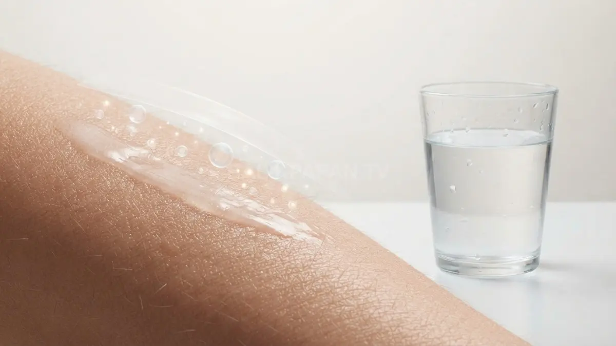 Visualisasi pelembap dan air minum dalam menjaga kelembapan kulit luar serta dalam tubuh. (BTV/Ai)