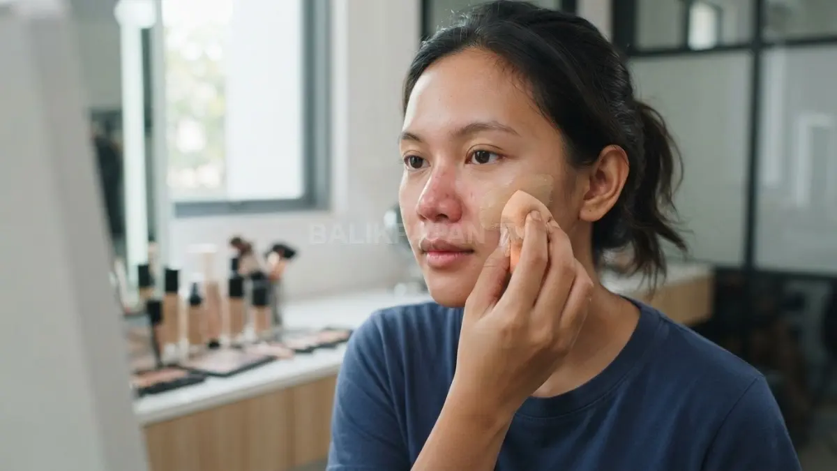 Wanita mengaplikasikan foundation tipis menggunakan spons, meratakan secara lembut untuk hasil natural, ringan, dan merata (BTV/Ai)