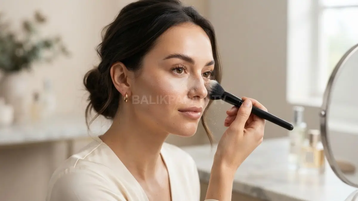 Wanita mengaplikasikan loose powder secara lembut untuk teknik baking, menonjolkan hasil makeup natural dan kulit sehat. (BTV/Ai)