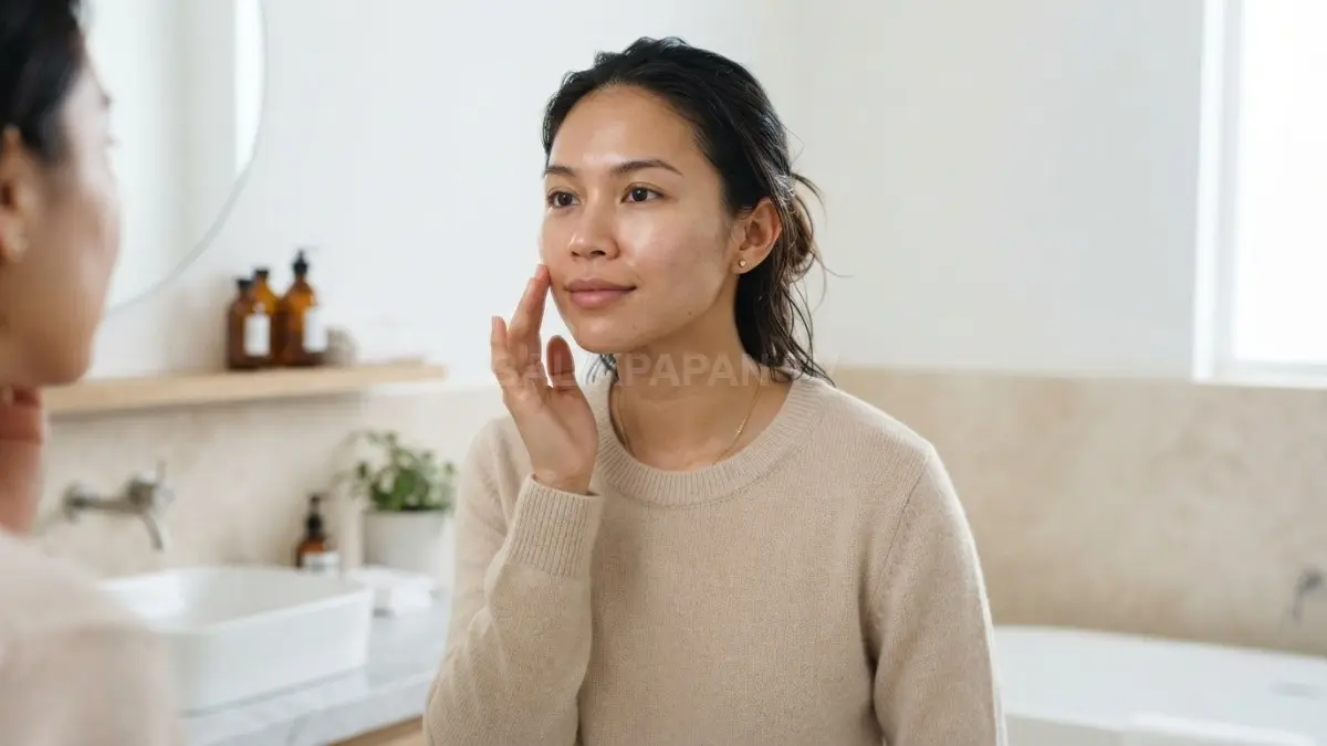 Wanita menyentuh pipinya yang terasa kering setelah mencuci wajah untuk menjaga kelembapan kulit. (BTV/Ai)