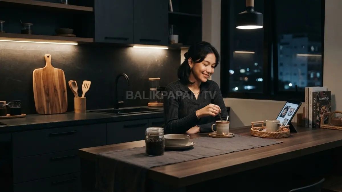 Dapur minimalis bergaya midnight cafe memadukan kayu, warna gelap, dan pencahayaan hangat untuk suasana malam yang nyaman (BTV/AI)