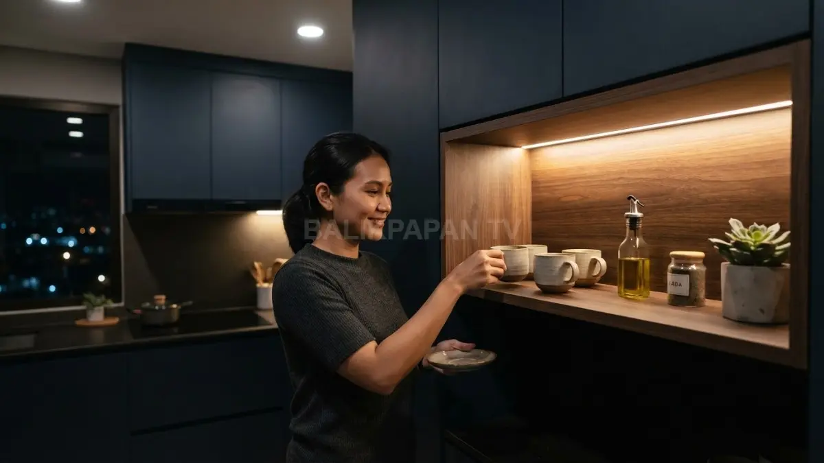 Dapur minimalis bernuansa malam dengan pencahayaan hangat, rak terbuka, dan dekorasi sederhana yang terasa intim (BTV/AI)