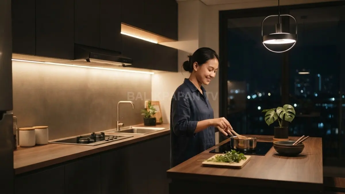 Dapur minimalis bernuansa malam dengan pencahayaan hangat, warna gelap, dan dekorasi sederhana menciptakan suasana nyaman. (BTV/AI)
