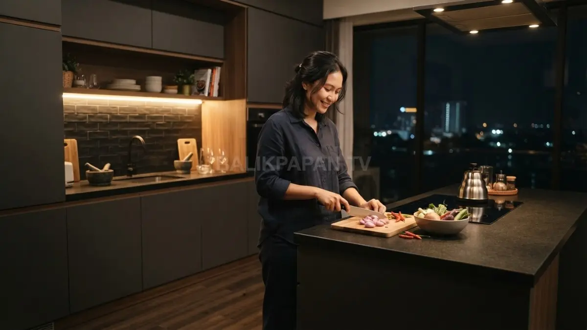 Dapur minimalis bernuansa malam dengan pencahayaan hangat, warna gelap, tekstur natural, dan dekorasi sederhana yang nyaman. (BTV/AI)