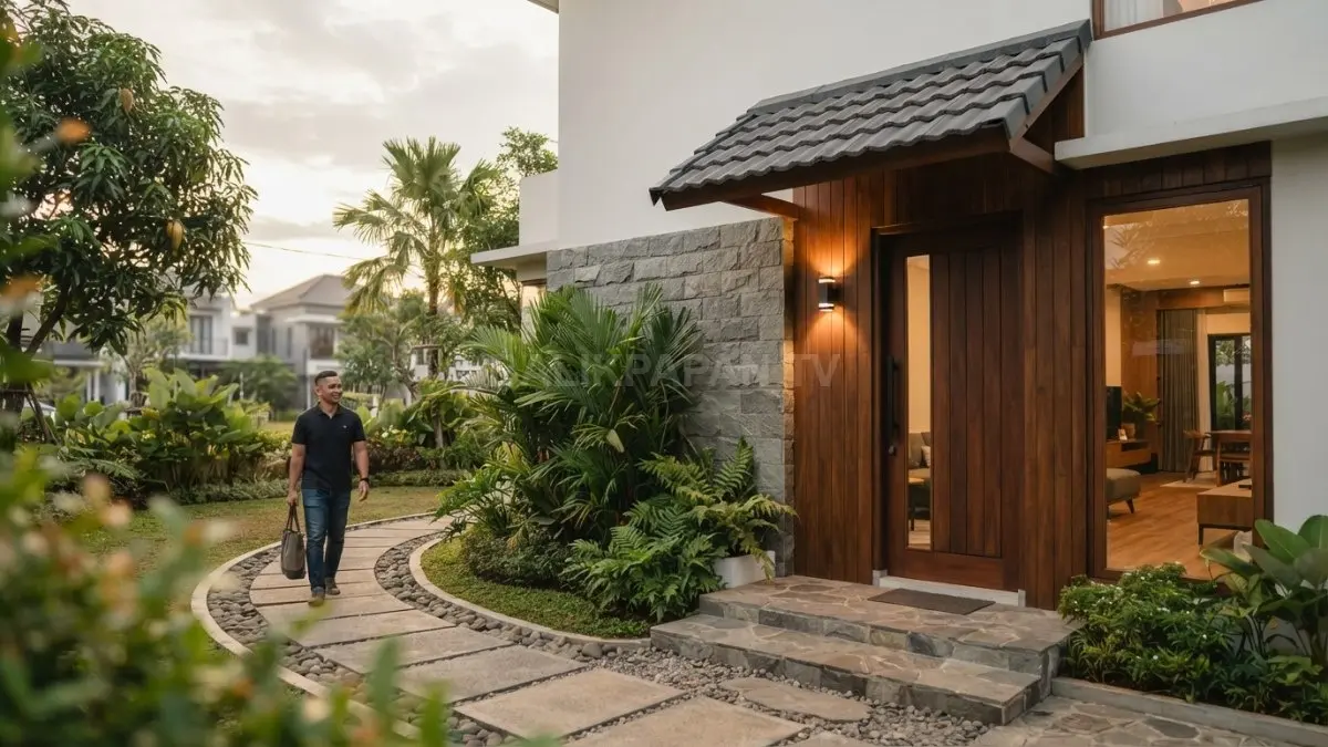 Entrance rumah minimalis bergaya Rusia memadukan pintu kayu solid, batu alam, dan lampu hangat (BTV/AI)