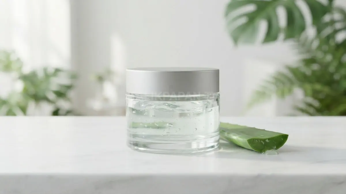 Gel lidah buaya segar dalam wadah kaca, memberikan sensasi menenangkan untuk perawatan kulit harian. (BTV/Ai)