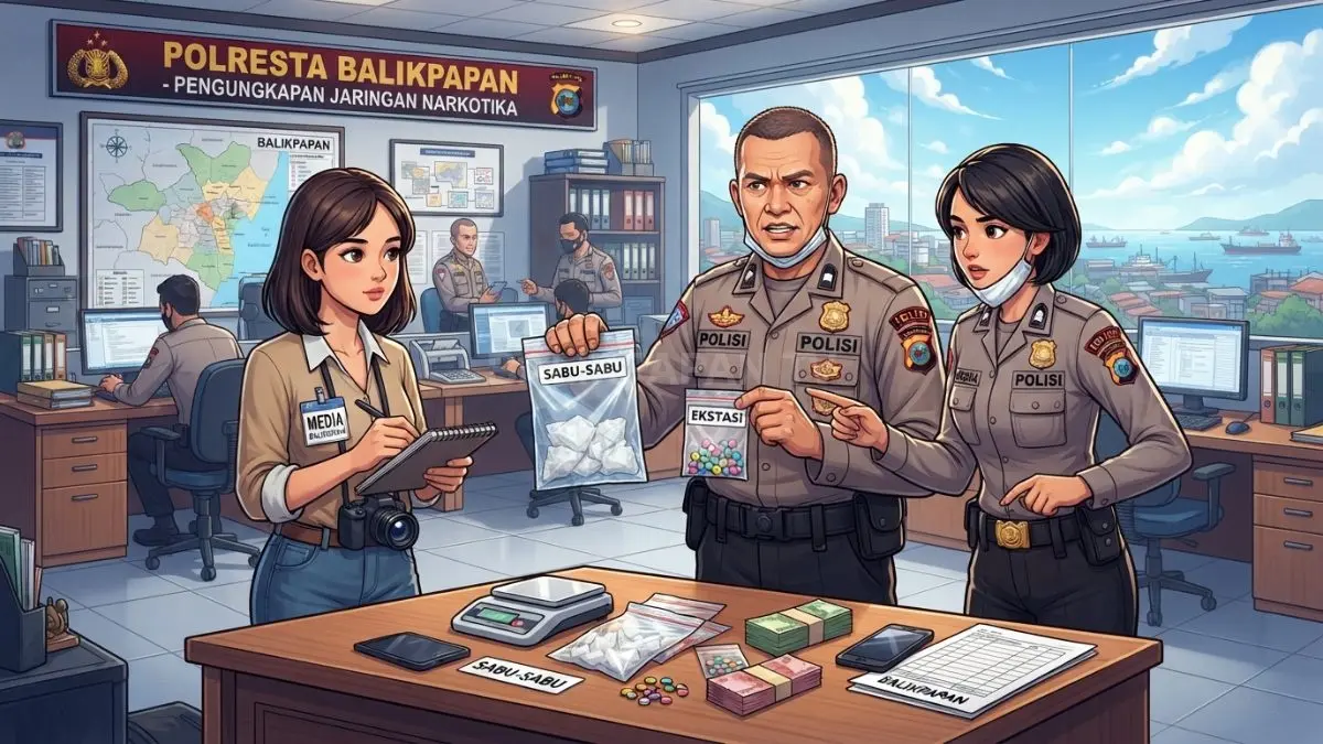 Ilustrasi Polisi mengungkap jaringan narkotika Balikpapan dengan barang bukti sabu dan ekstasi diduga dari Malaysia. (BTV/AI)